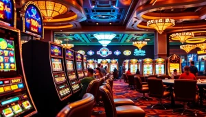 Gamblers enjoying various slot machines in an upscale casino environment