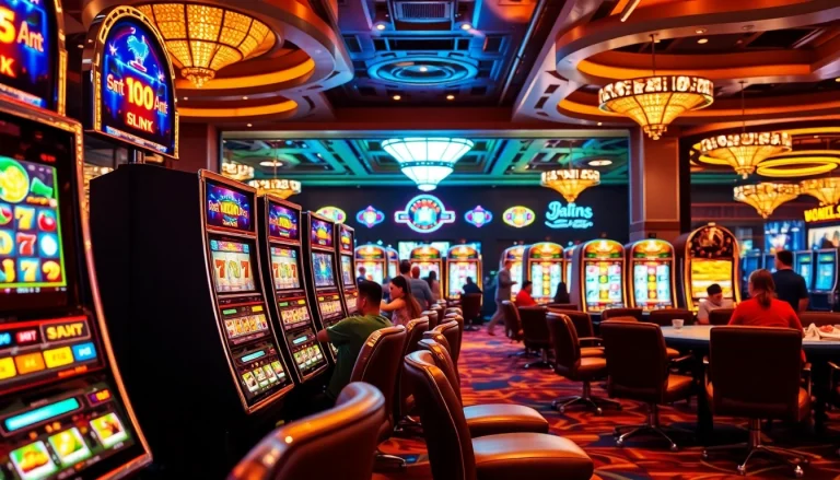 Gamblers enjoying various slot machines in an upscale casino environment