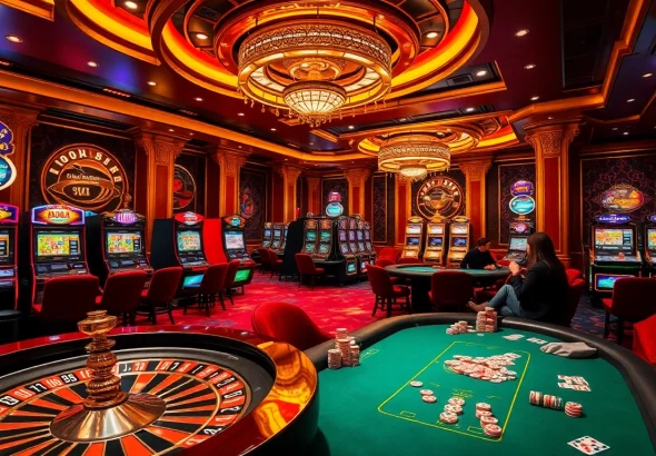 Des joueurs engagés dans un casino en ligne Français dynamique, mettant en vedette une roulette et une table de poker.