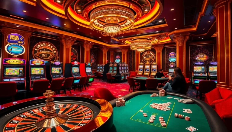 Des joueurs engagés dans un casino en ligne Français dynamique, mettant en vedette une roulette et une table de poker.