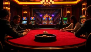 Partie de poker passionnante dans un cadre de casino en ligne fiable luxueux avec des joueurs concentrés et des machines vibrantes.