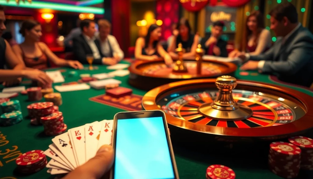 Scène de jeu en ligne excitante présentant un casino en ligne fiable avec une roue de roulette et des cartes.
