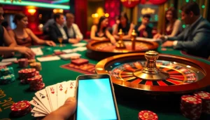 Scène de jeu en ligne excitante présentant un casino en ligne fiable avec une roue de roulette et des cartes.