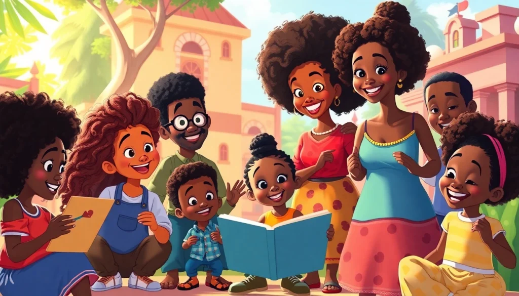 A diverse group of animated characters celebrating African American Cartoons in a colorful, playful environment.