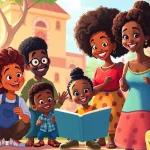 A diverse group of animated characters celebrating African American Cartoons in a colorful, playful environment.