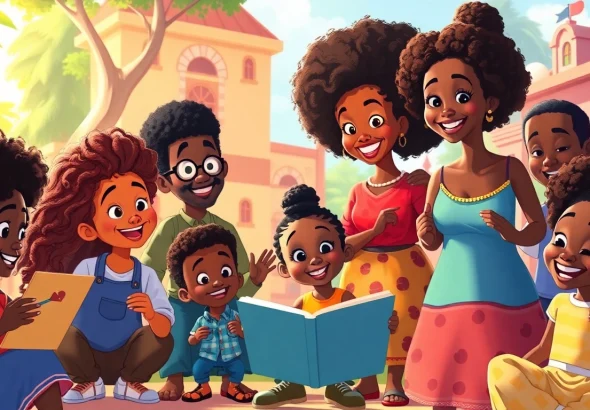 A diverse group of animated characters celebrating African American Cartoons in a colorful, playful environment.