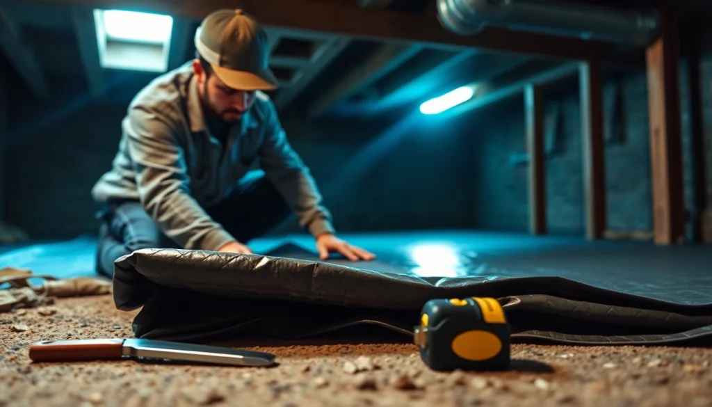 Vapor Barrier Installation in progress, showcasing a contractor expertly laying down materials.