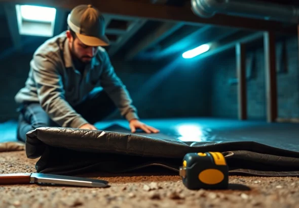 Vapor Barrier Installation in progress, showcasing a contractor expertly laying down materials.
