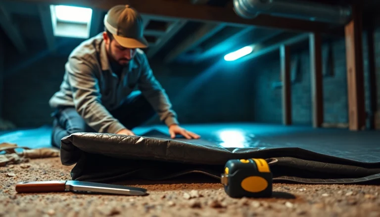 Vapor Barrier Installation in progress, showcasing a contractor expertly laying down materials.