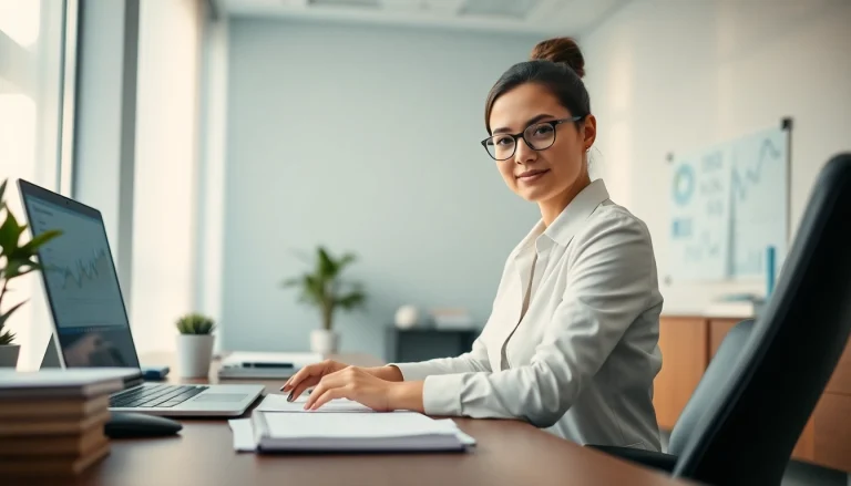 Profesjonalny księgowy pracujący w nowoczesnym biurze z wykresami finansowymi i laptopem