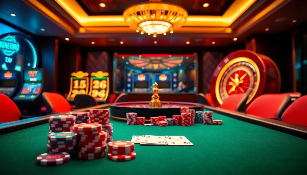 Scène engageante d'un casino en ligne fiable avec des jetons de poker, des cartes, et une roue de roulette.