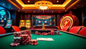 Scène engageante d'un casino en ligne fiable avec des jetons de poker, des cartes, et une roue de roulette.
