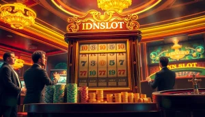 IDNSLOT players enjoying a vibrant casino atmosphere with a luxurious slot machine and excitement.