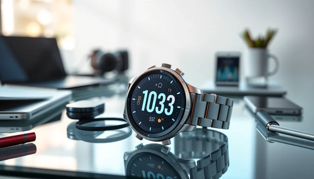 Showcasing the Finesse Smart Watch with vibrant touchscreen and sleek design in a modern workspace.