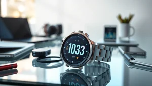Showcasing the Finesse Smart Watch with vibrant touchscreen and sleek design in a modern workspace.