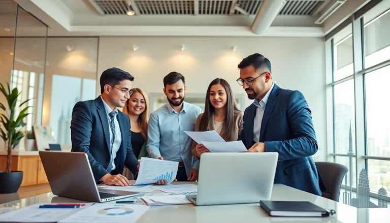 Corporate Tax Return Filing in UAE with professionals discussing tax documents in a modern office.