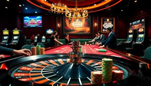 Joueurs captivés à une table avec des éléments de casino en ligne fiable, mettant en avant l'excitation du jeu.