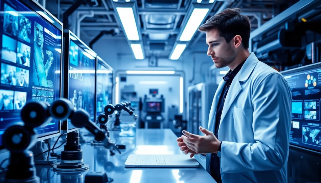 Image to prompt generator showcasing a scientist in a high-tech lab generating detailed AI prompts.