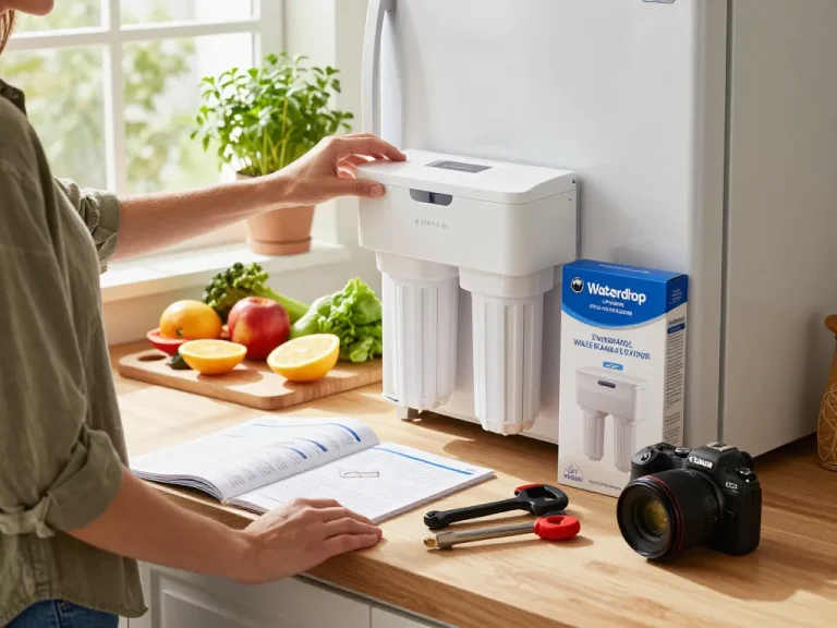 Installing the Waterdrop Plus LT1000PC ADQ747935 NSF 401 Refrigerator Water Filter and Air Filter in a bright, welcoming kitchen.