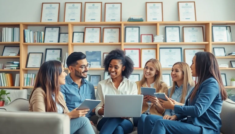 Engaged professionals discussing options to get certified amidst certificates and resources.