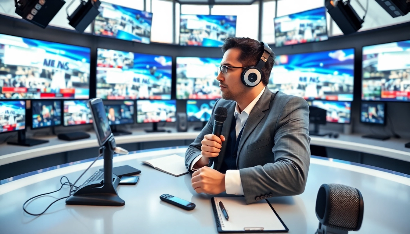Dynamic news reporting scene featuring a journalist at a news desk with live updates.